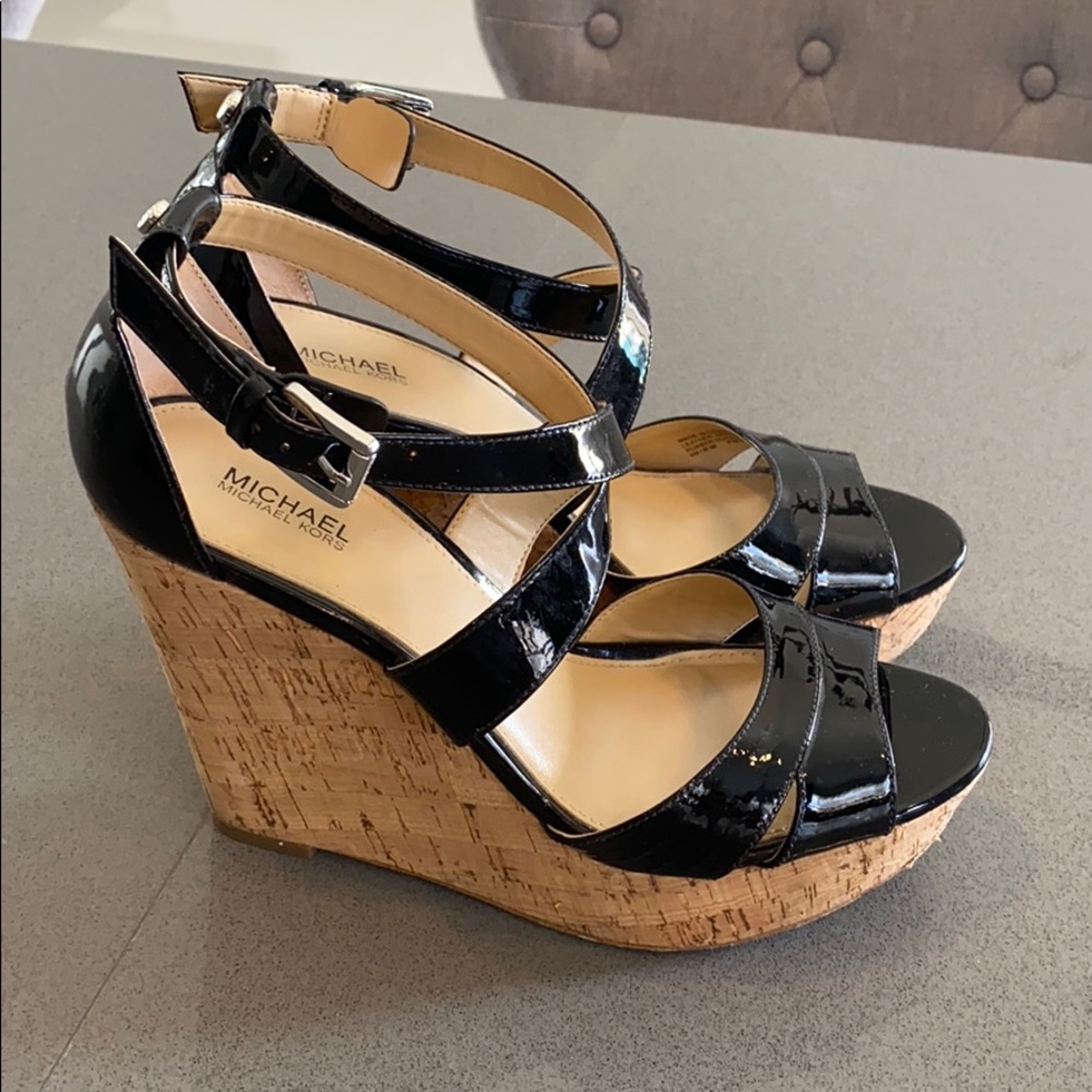 Michael Michael Kors Black Patent Wedges, Size 8